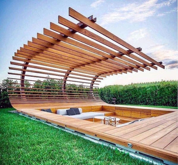 Unique Floating Deck Home Ideas With Curved Wood Roof