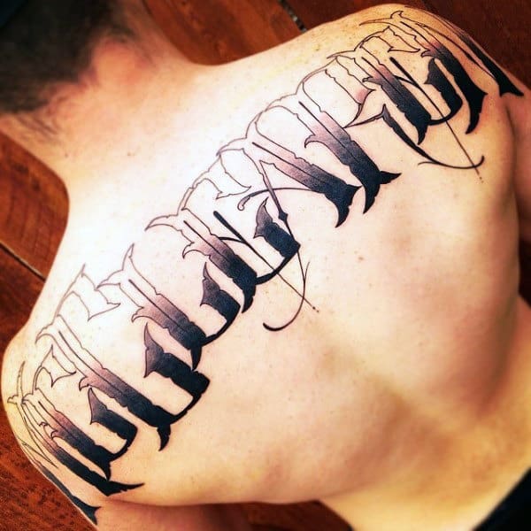 Unique Font Male Last Name Upper Back Tattoo Designs