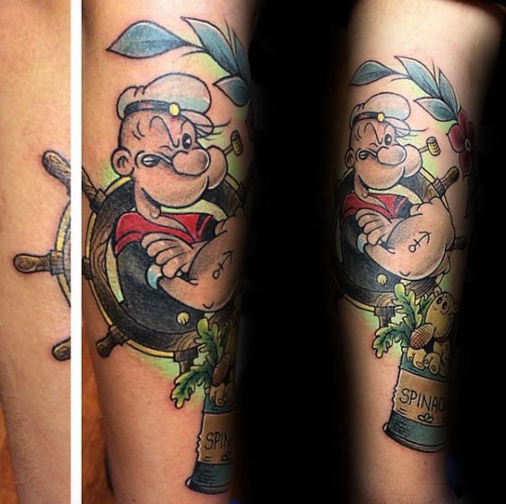 Unique Forearm Popeye Anchor Tattoo With Can Of Spinach