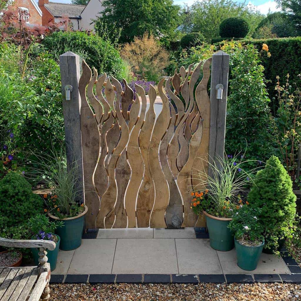 unique wood flame garden gate