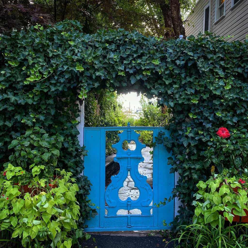small blue metal garden gate