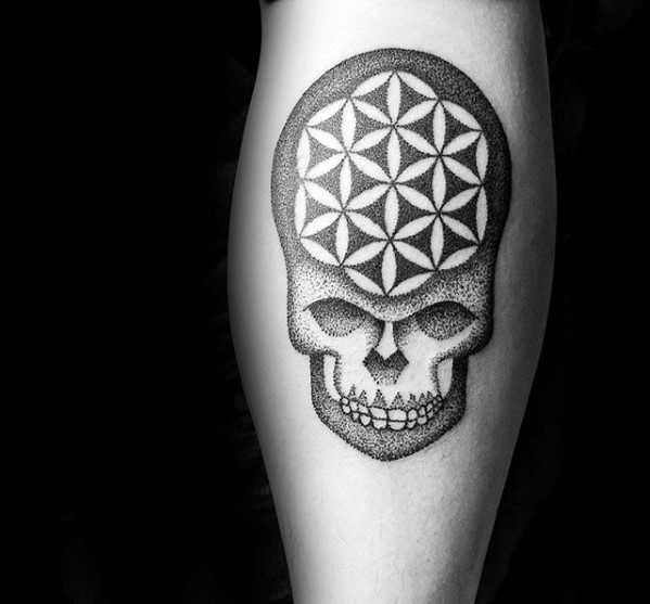 Unique Geometric Flower Of Life Skull Small Leg Tattoos For Men