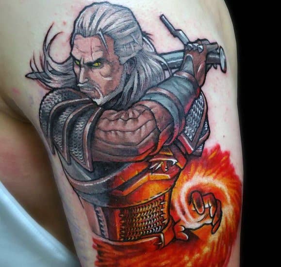 Geralt tattoo in a bold, dynamic style, wielding a sword with glowing yellow eyes and casting a fiery Igni sign, surrounded by vibrant colors.
