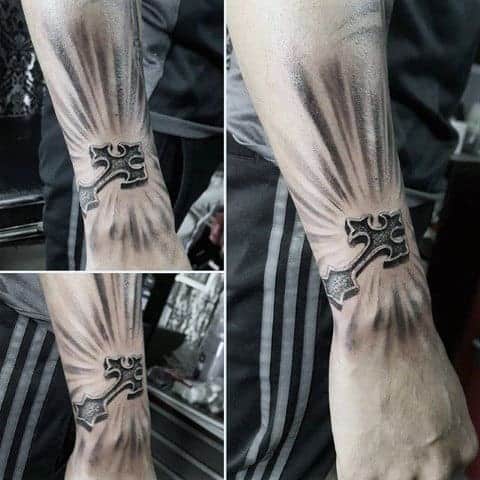 Arm tattoo resembling a torn skin revealing a metal-like structure underneath