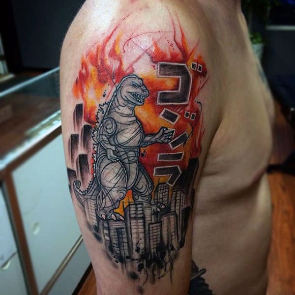 Unique Godzilla Japan Tattoo Fire Background On Mans Bicep