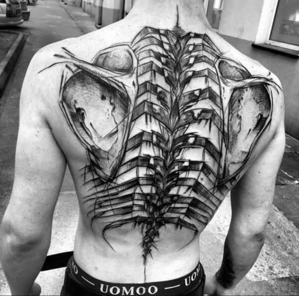 Black and grey biomechanical back tattoo featuring an exposed spine with torn flesh, creating a surreal and gothic cyborg-like effect.
