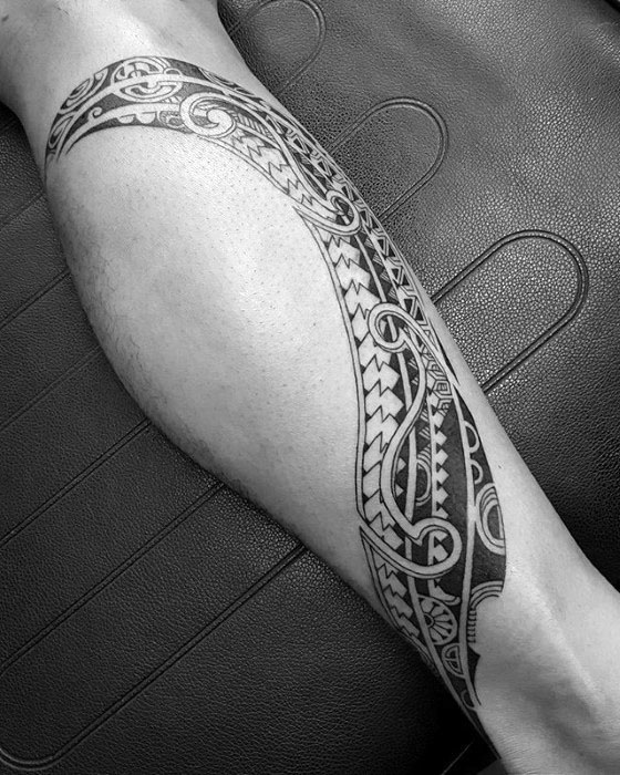 Unique Guy Leg Polynesian Tribal Tattoo