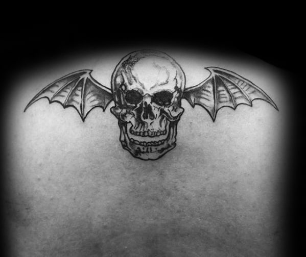 Unique Guys Black Ink Deathbat Avenged Sevenfold Tattoo Designs On Back