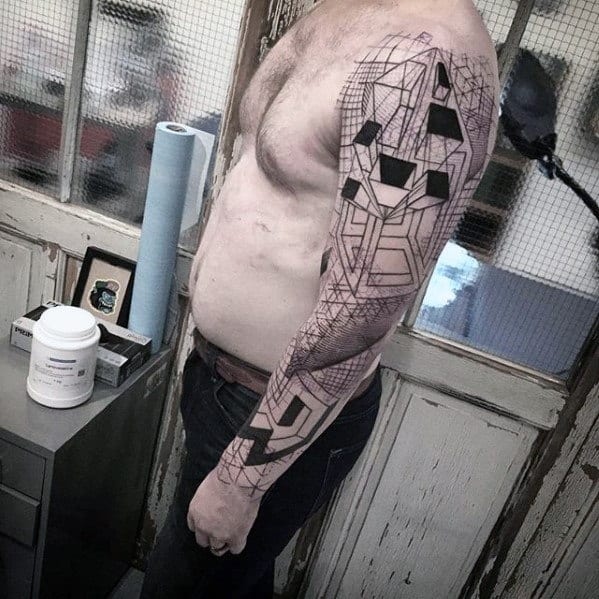 Unique Guys Black Ink Geometric Awesome Arm Tattoo Ideas