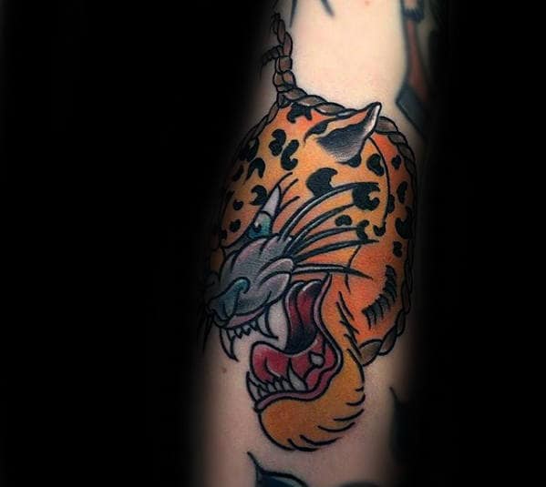 Unique Guys Cheetah Head Orange Ink Forearm Tattoo