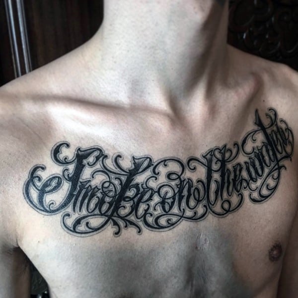 Unique Guys Complex Script Upper Chest Tattoo Wording Design