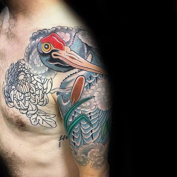 Unique Guys Crane Half Sleeve And Shoulder Tattoo