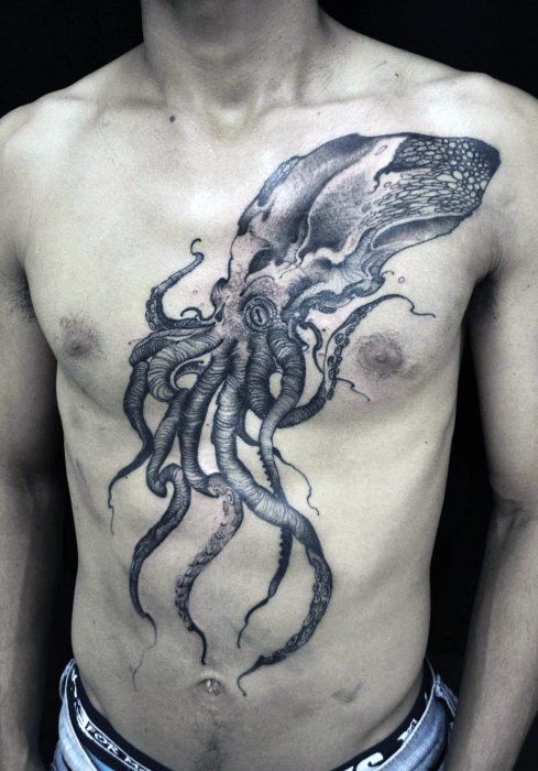 Unique Guys Full Chest Squid Tattoo