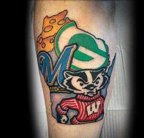 Unique Guys Green Bay Packers State Outlien Leg Tattoos