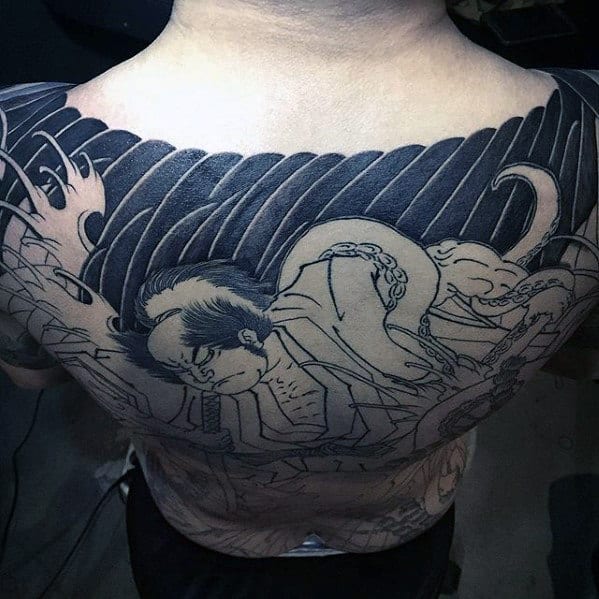 Unique Guys Japanese Black Ink Upper Back Tattoos