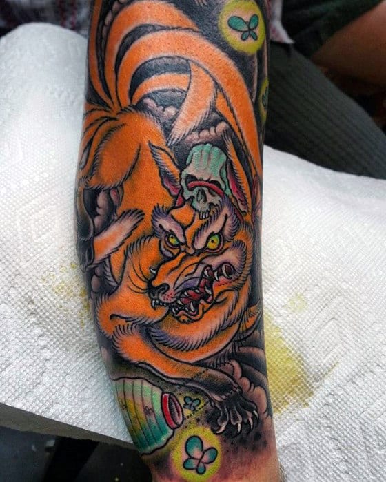 Unique Guys Kitsune Leg Tattoo Ideas