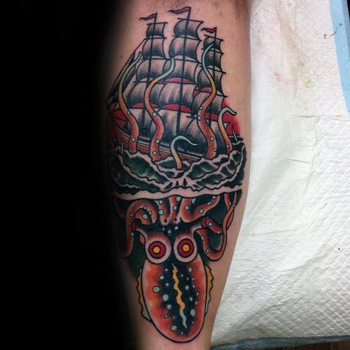 Unique Leg Sailing Ship Octopus Traditional Tattoo Inspiration