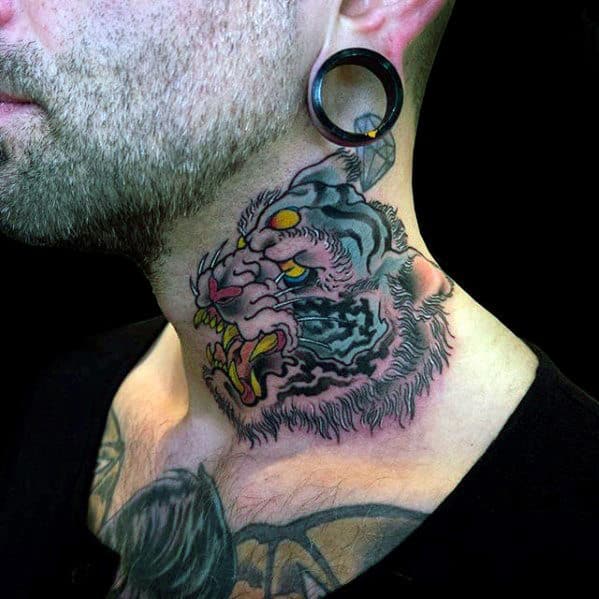 Unique Guys Neck Tattoo With Traditional Tiger Design
