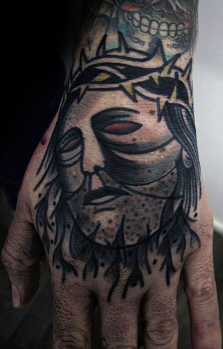 Unique Guys Old School Hand Tattoo With Jesus Design