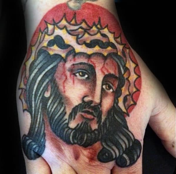 Unique Guys Red Circle Traditonal Hand Jesus Tattoos