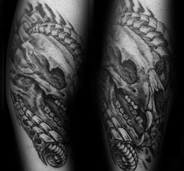 Unique Guys Shaded Bear Skull Leg Tattoo Inspiration