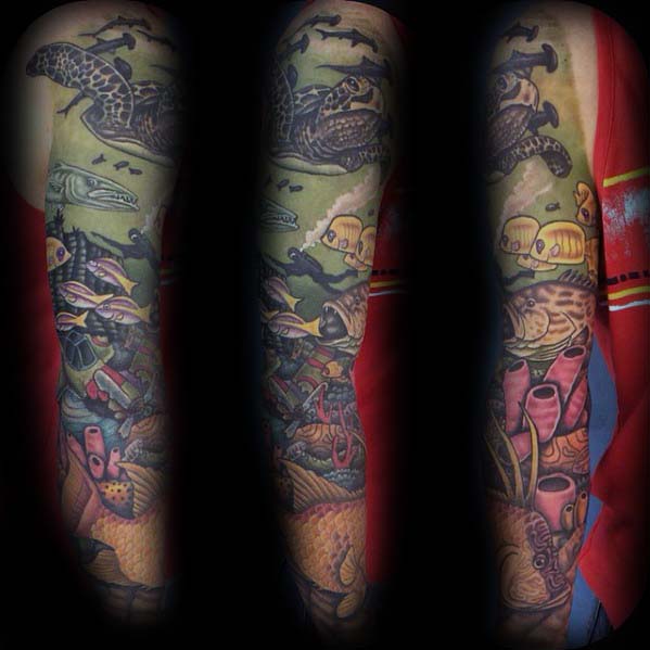 Unique Guys Sleeve Tattoo With Ocean Themed Design