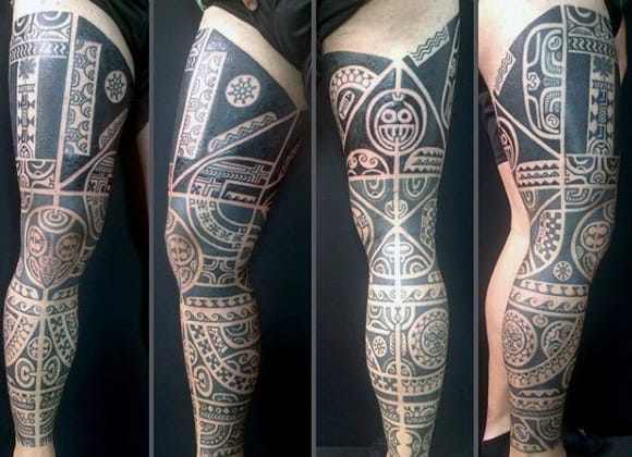 Unique Guys Tribal Sleeve Thigh Tattoo Design Ideas