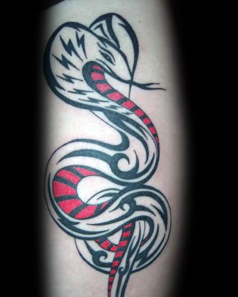 Unique Guys Tribal Snake Black And Red Ink Arm Tattoo Designs