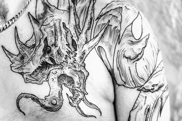 Unique Gyarados Guys Black And Grey Shoulder Tattoo