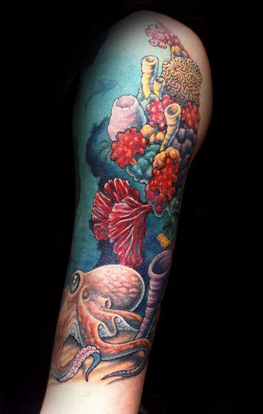 Unique Half Sleeve Coral Reef Tattoo On Male