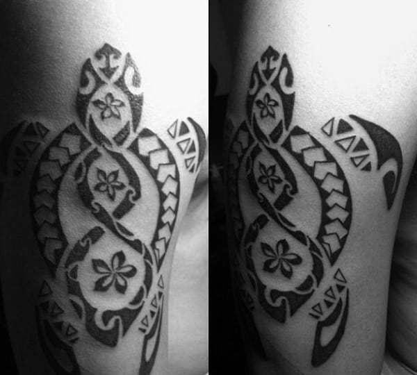 Unique Hawaiian Floral Mens Turtle Tribal Tattoo On Arm