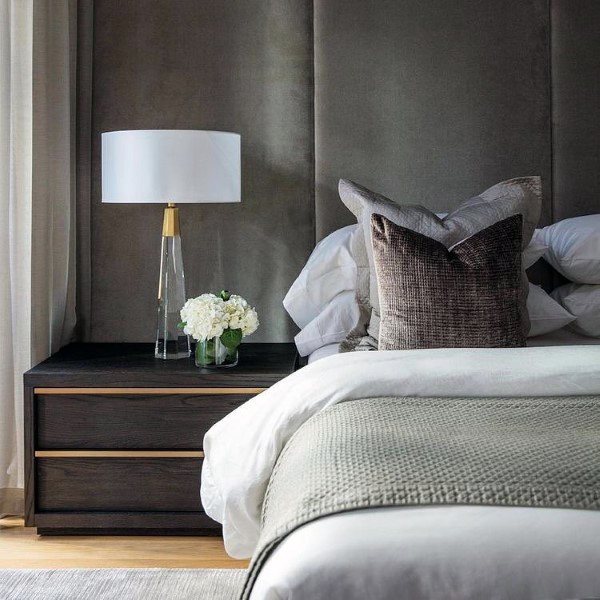 unique gray padded headboard wood side table cabinet