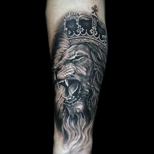 Unique Heavily Shaded Tattoo Of Lion With Crown