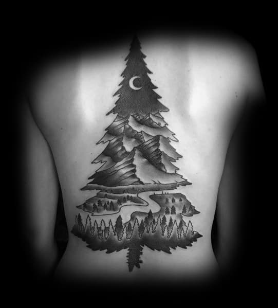 Large back tattoo of a pine tree with mountains, a winding river, and a crescent moon, symbolizing nature, adventure, and serenity.