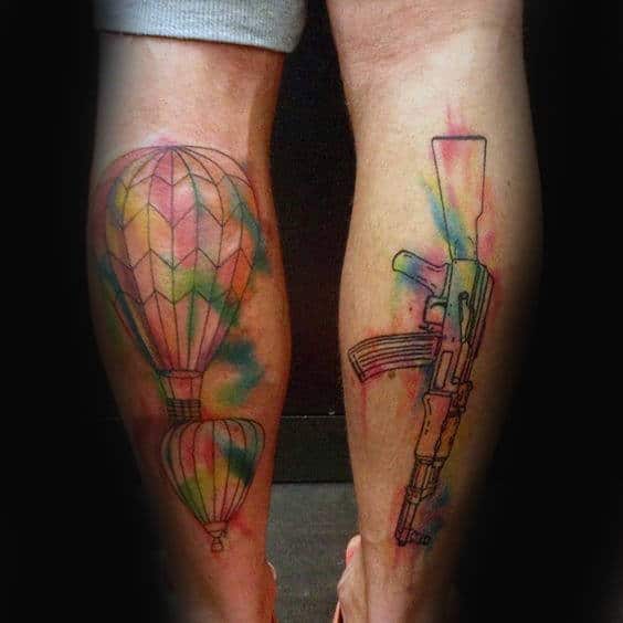 Unique Hot Air Balloon Leg Watercolor Male Tattoos