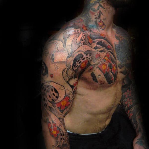 Unique Japanese Octopus Tattoo For Guys On Chest And Arm