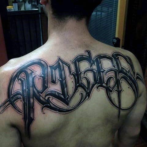Unique Last Name Lettering Male Upper Back Tattoo Ideas