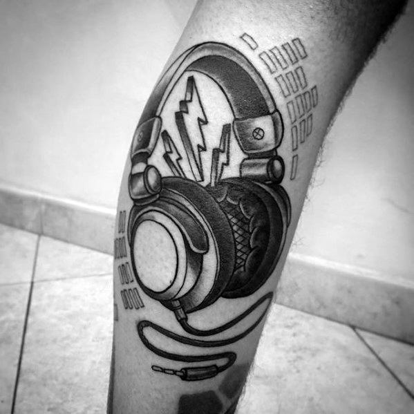 Unique Leg Headphones Tattoo Designs For Guys