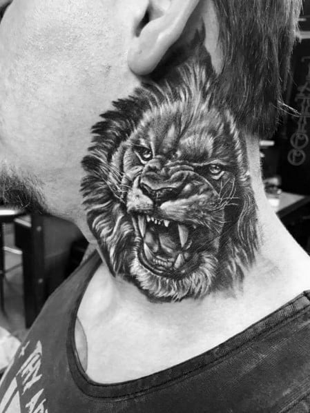 Hyper-realistic roaring lion neck tattoo with intricate shading and lifelike details, symbolizing strength, courage, and dominance.