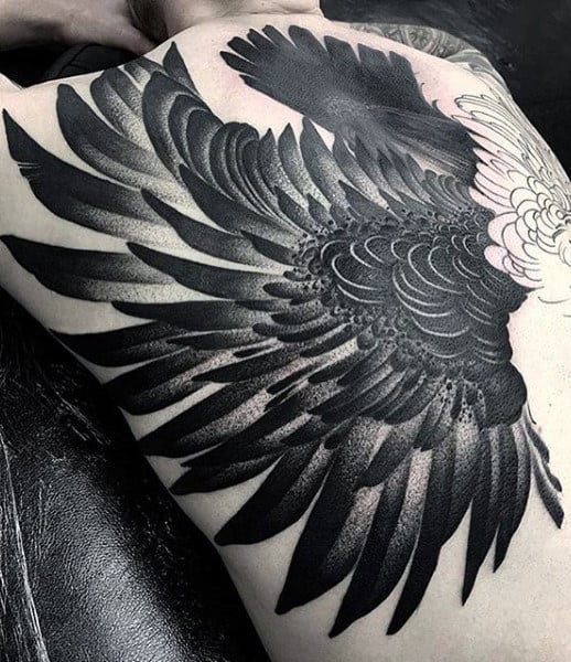 Unique Male Feather Black Ink Back Tattoos