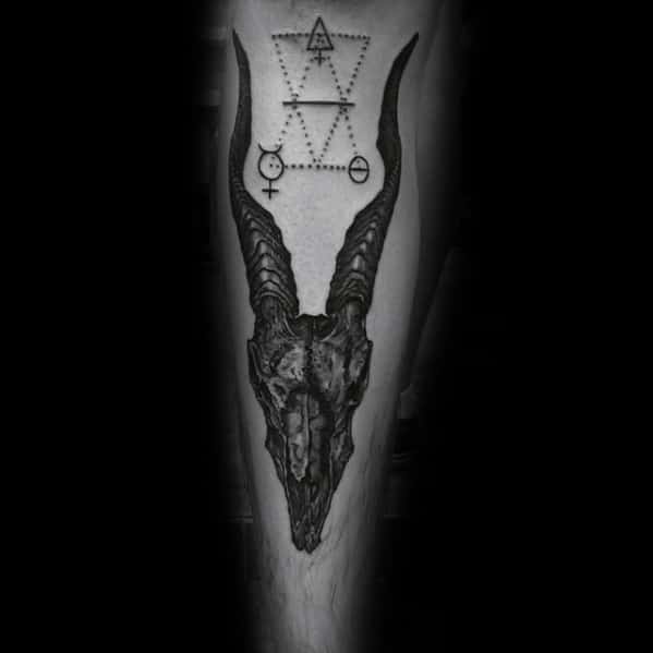 Unique Male Goat Skull Front Of Leg Tattoo Design Ideas
