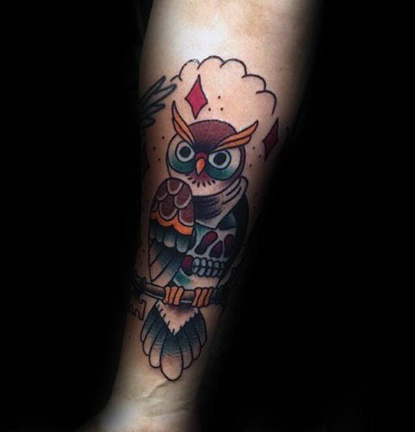 Unique Male Traditional Owl And Skull Inner Forearm Tattoos