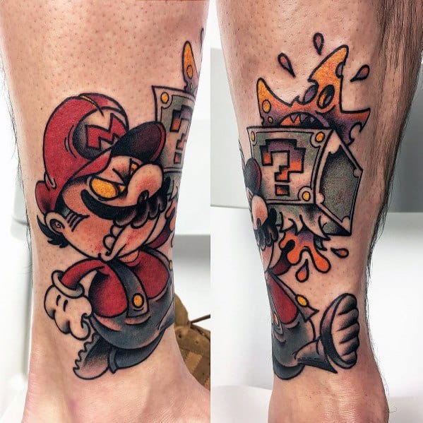 Edgy *Super Mario* tattoo featuring a rebellious Mario in sunglasses walking into a question block, with bold outlines and a neo-traditional design.