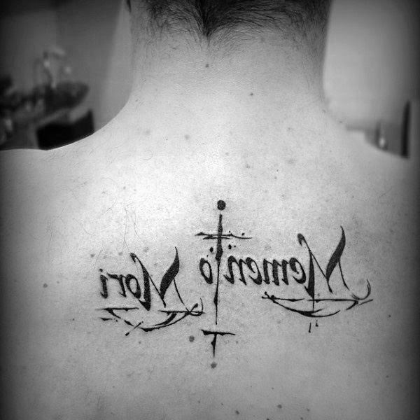 Unique Memento Mori Guys Words Back Tattoo