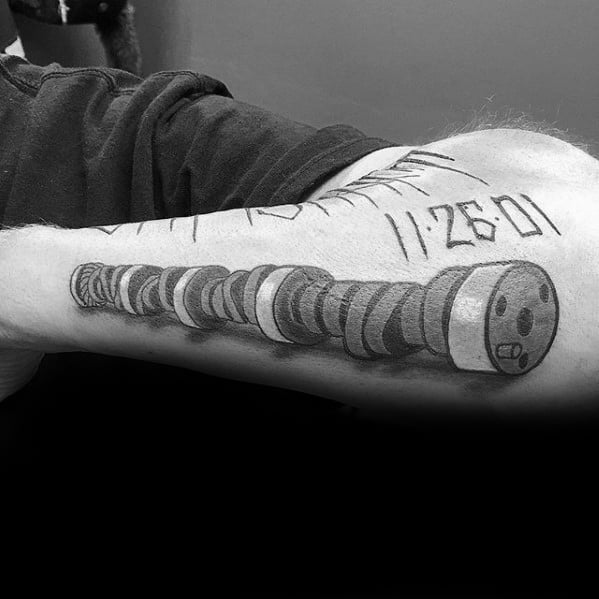 Unique Mens 3d Camshaft Chevy Outer Forearm Tattoo Design Ideas