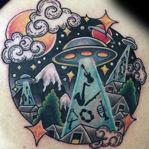 Unique Mens Alien Abudction Saxophone Upper Back Tattoo