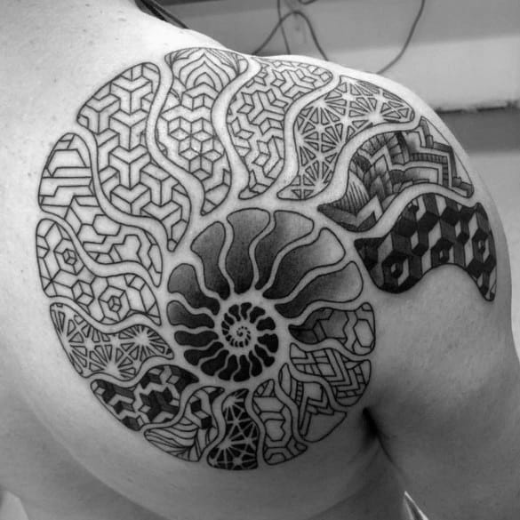 Unique Mens Ammonite Tattoos Shoulder Blade With Geometric Shapes Design