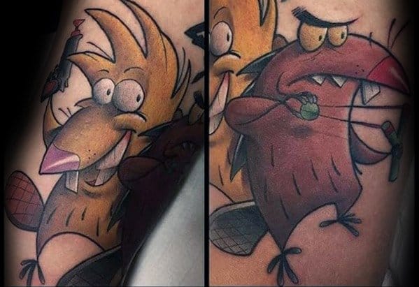 Vibrant tattoo of Norbert and Daggett from The Angry Beavers, each holding a dynamite stick and showing their classic mischievous expressions.