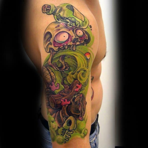 Psychedelic beaver tattoo sleeve with neon green swirls, skull, floating bottle, and cartoon beaver surrounded by surreal log and eye details.
