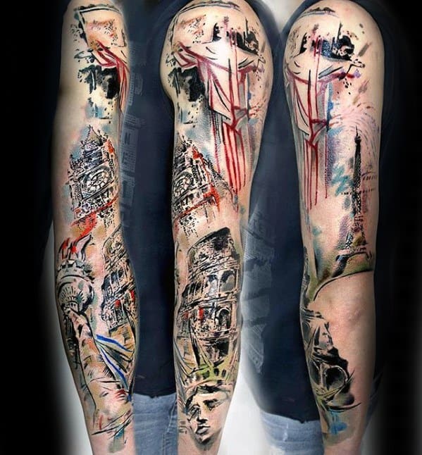 Detailed and vibrant tattoo sleeve featuring iconic landmarks such as Big Ben, the Colosseum, the Eiffel Tower, and the Statue of Liberty, with abstract artistic elements and splashes of color.